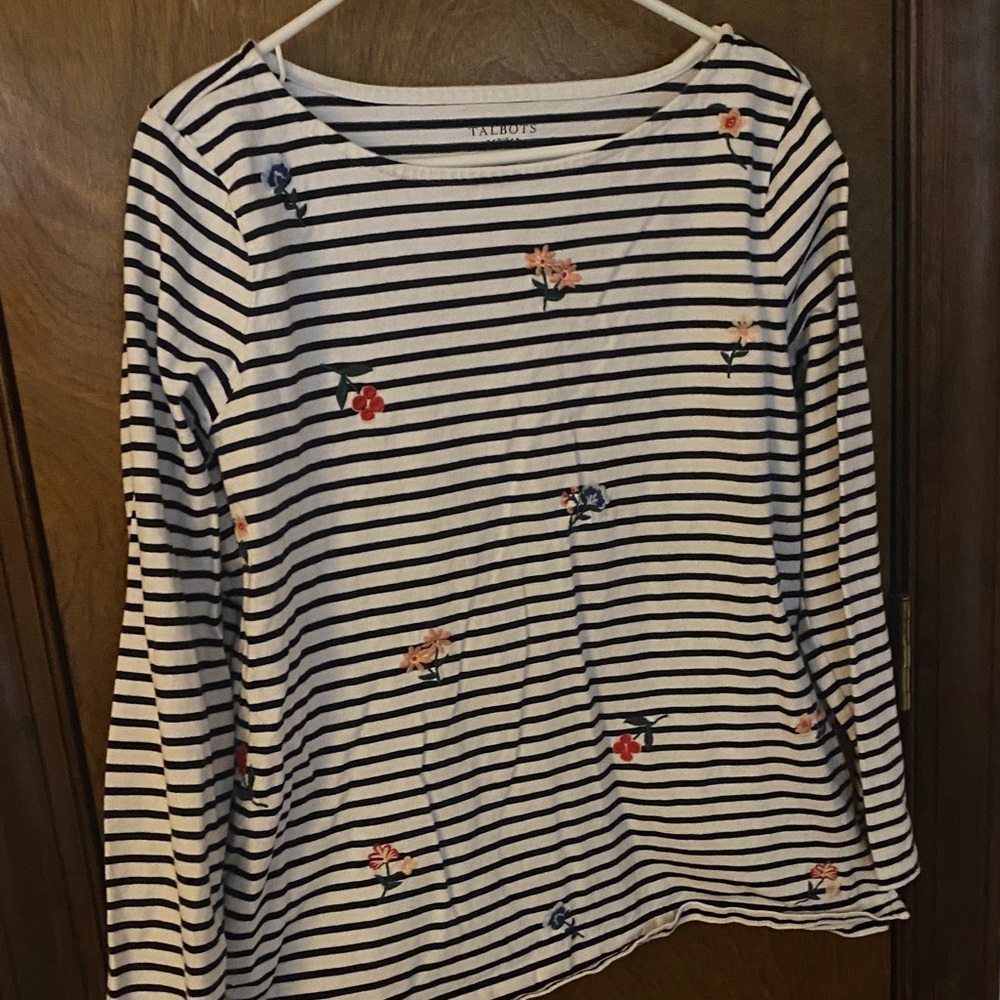 Talbots Navy and White Striped Top with Floral Accents womens